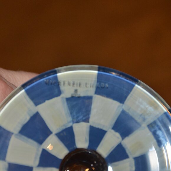 RARE RETIRED DESIGNER MACKENZIE CHILDS BLUE ROYAL CHECK GOLD WATER GLASS GOBLET - Picture 11 of 11